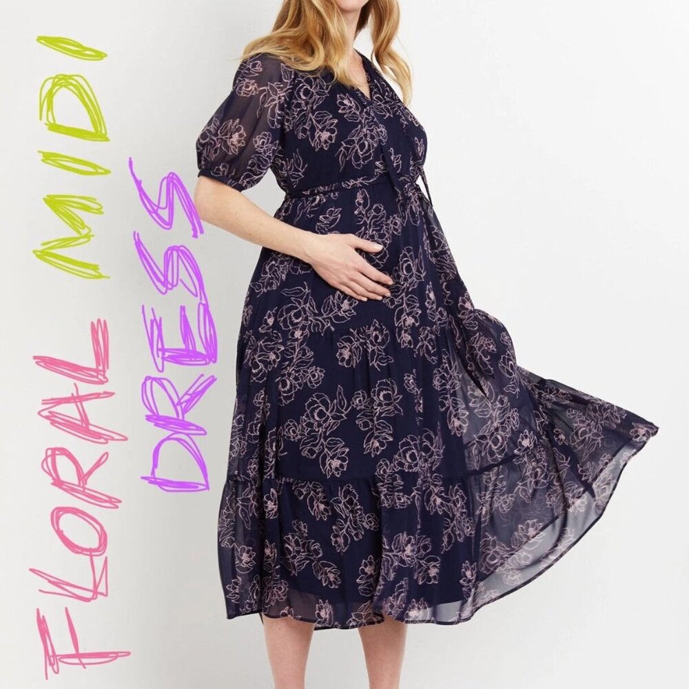 Motherhood Maternity NWT Navy Blue Pink Floral Tiered Ruffled Midi Dress